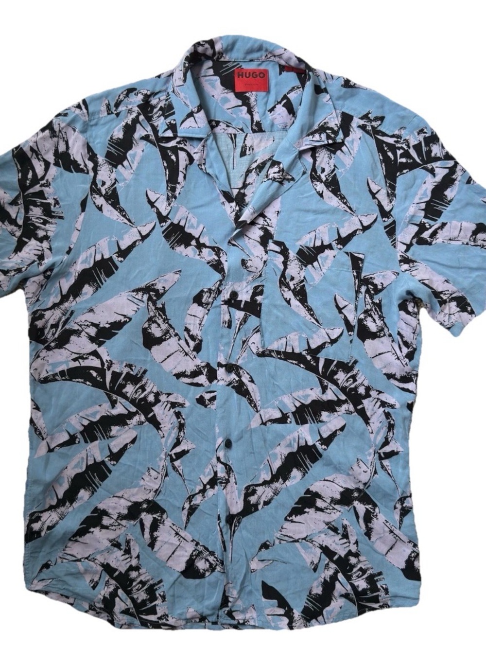 HUGO BOSS Ellino Blue Palm Leaf Print Camp Shirt Medium Short Sleeve Medium